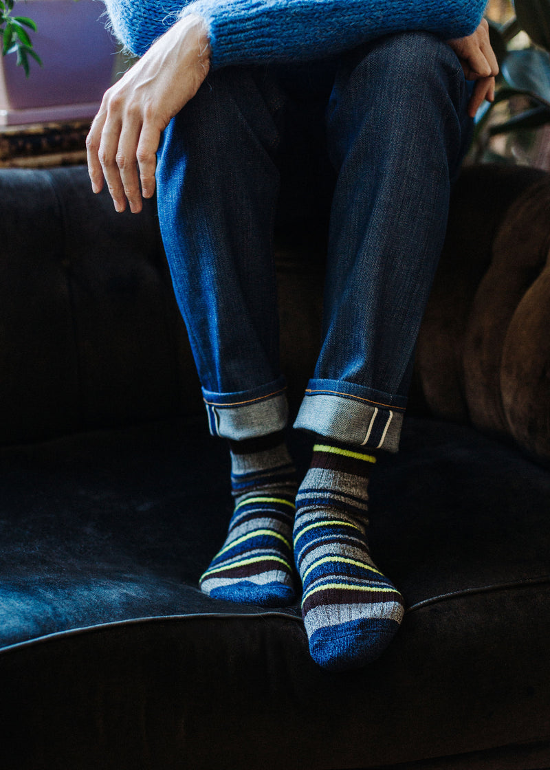 Men's Wool Blend Multi-Colour Stripes Boot Socks - Denim thumbnail